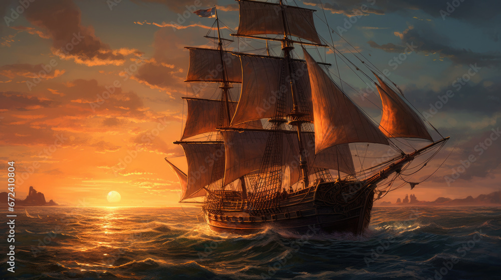 Painting of a sailing ship in the ocean at sunset.