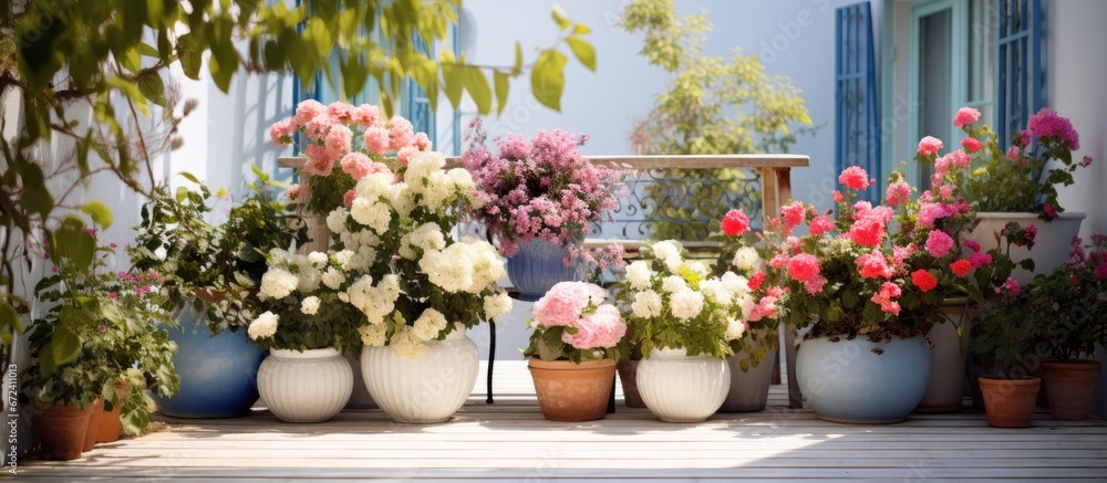 A bright outdoor area with numerous vibrant blooms in the decorative planters