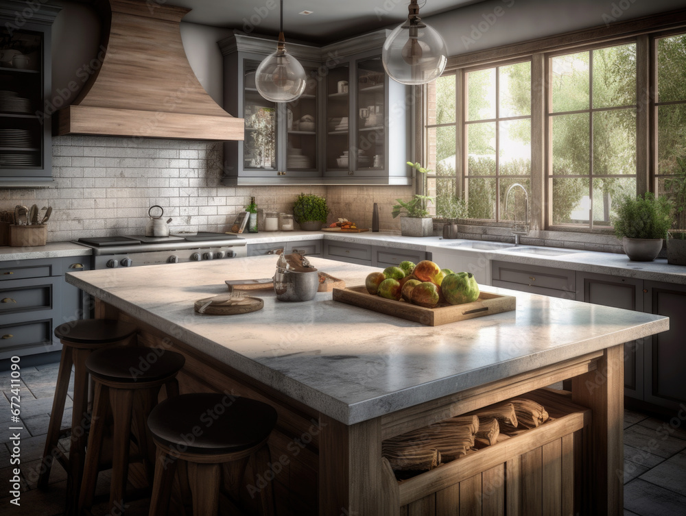 3d rendering of a kitchen with a marble counter top and wooden stools.