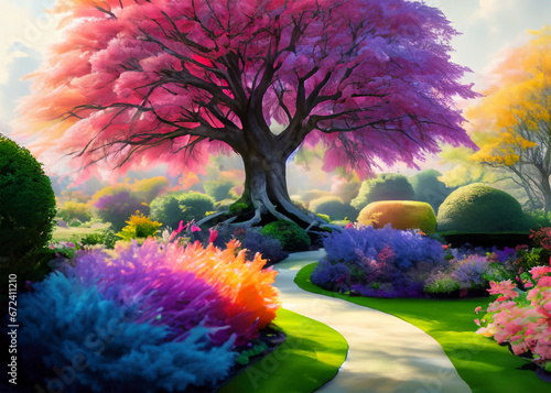 A colorful garden with a pink tree