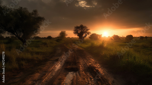 Sun is setting over a dirt road in the middle of a grassy field.