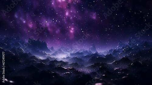 An abstract scene with royal purple and silver particles. Ethereal moonlight shine particles bokeh on a midnight black background. Silver foil texture created with AI technology