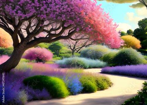 Pink and Purple Flowering Trees in a Garden