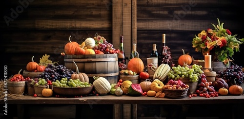 Thanksgiving harvest display scene with an array of pumpkins, vibrant fruits and vegetables, and autumn foliage against a rustic wooden backdrop, evoking cozy festive vibes. Generative AI.