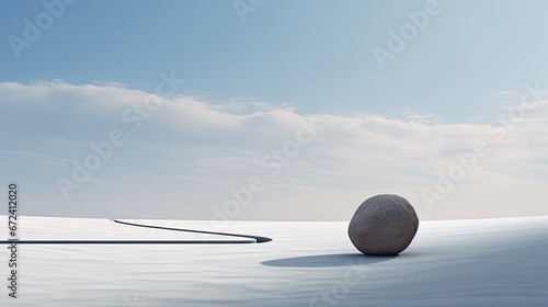  a rock sitting on top of a snow covered ground next to a long curved metal pole with a sky in the background.  generative ai