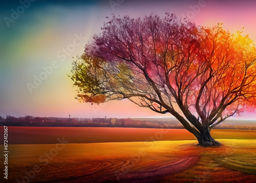 tree in a colorful field at sunset