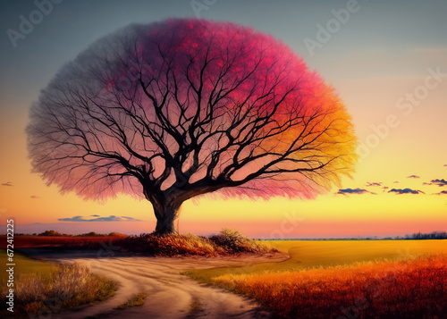 A Tree with a Colorful Canopy at Sunset