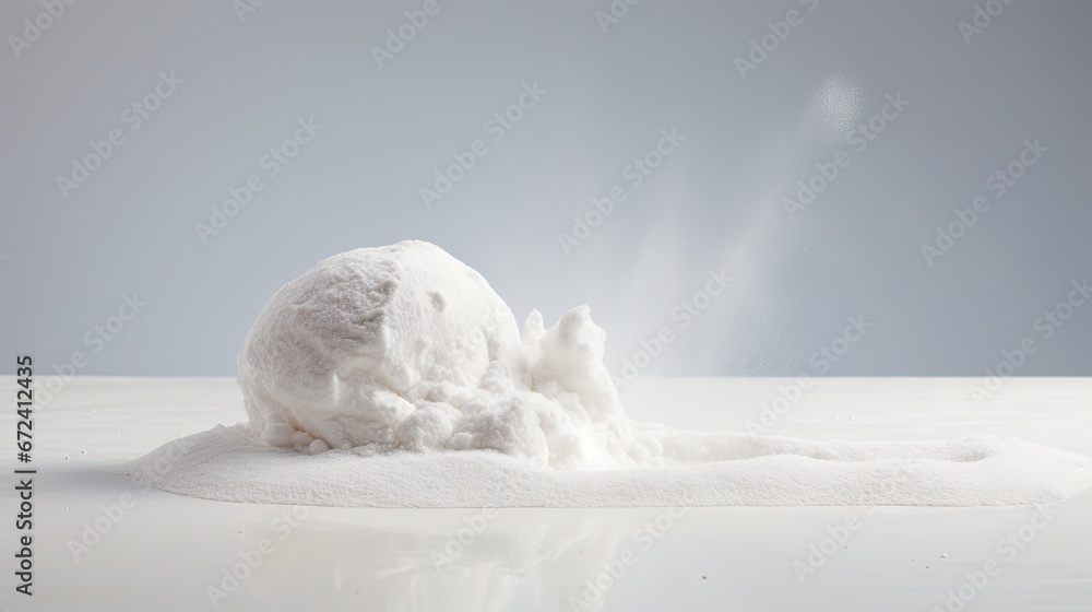  a pile of white powder sitting on top of a white counter top next to a bottle of white liquid on top of a white towel.  generative ai - obrazy, fototapety, plakaty 