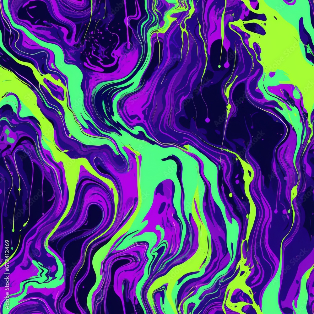 Psychedelic swirls of neon purple and lime green. Seamless pattern. Abstract art concept. Design for vibrant festival apparel, posters, and party backdrops