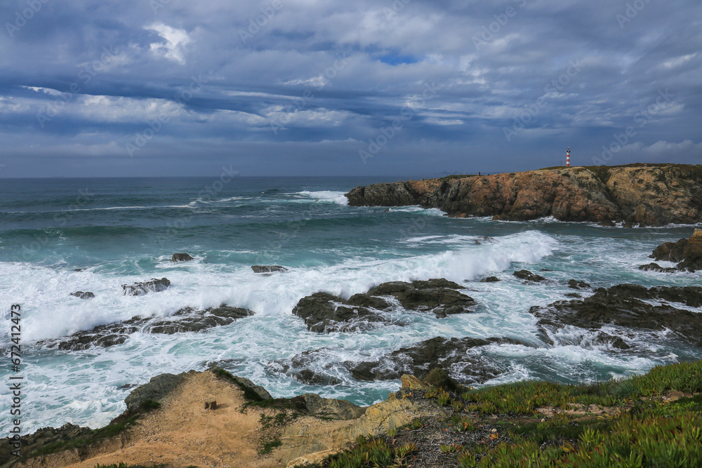Brave Atlantic Ocean on a stormy day in Porto Covo, Portugal