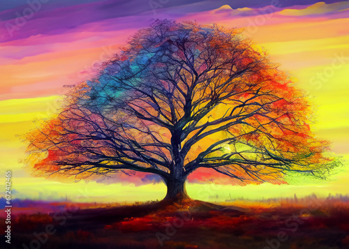 A Colorful Tree in a Field with a Beautiful Sky