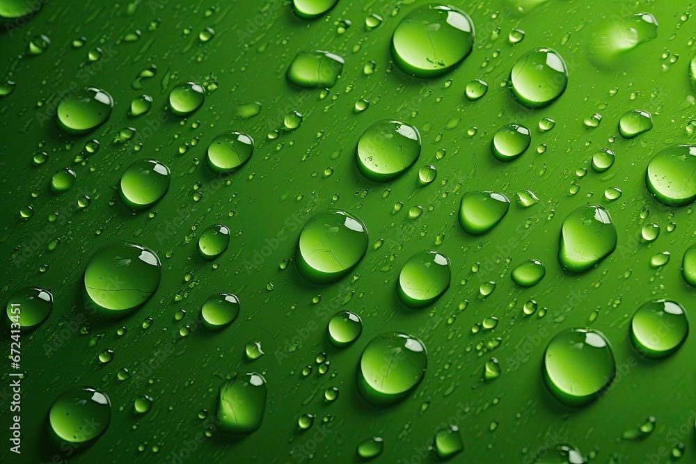 liquid water drops on green backdrop
