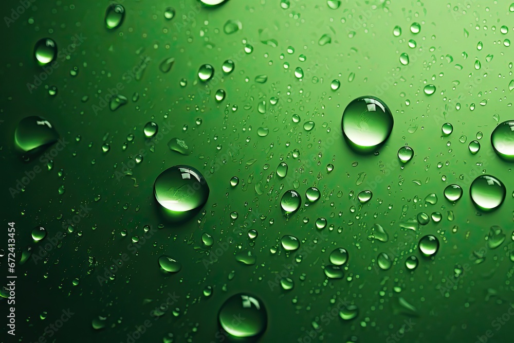 liquid water drops on green backdrop
