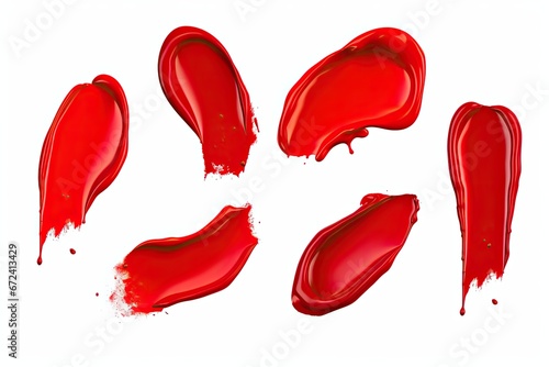 Set of scarlet red lipstick or nail polish smears strokes isolated on white background photo