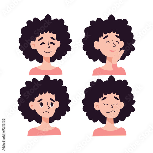 Young woman show different emotions: angry, sad and love. Millennial girl demonstrates various moods, facial expressions. Female feel mad, unhappy or loving. Flat vector illustration