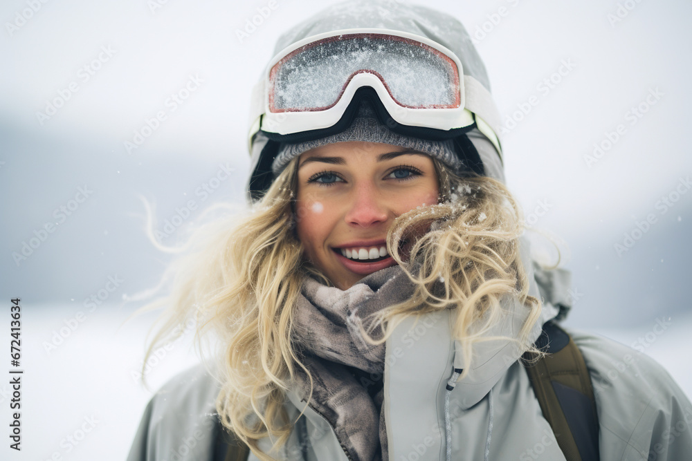 Portrait of beautiful smiling female snowboarder in ski goggles Portrait of beautiful smiling female snowboarder in ski goggles