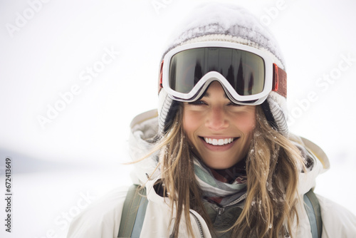 Portrait of beautiful smiling female snowboarder in ski goggles © Boadicea