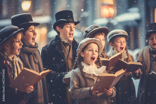 Caroling ensemble in festive attire sings traditional Christmas carols on a snowy street photo