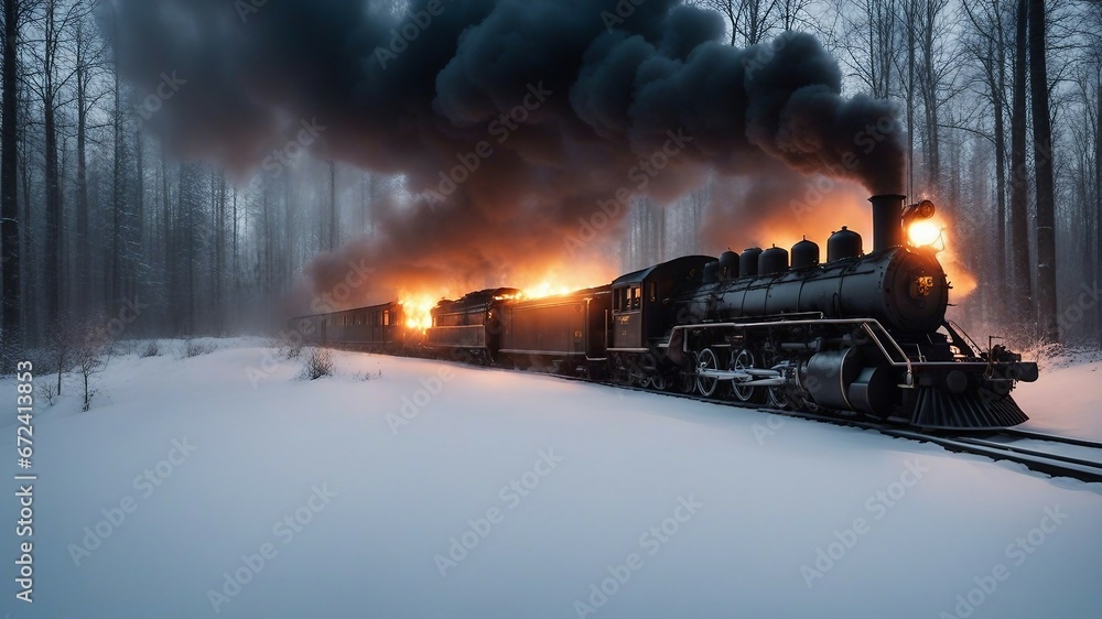 steam train in the snow _An on fire, burning, exploding, steam train engine on fire, a foggy night in the winter.  