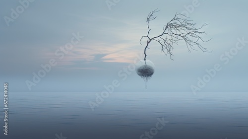  a tree in the middle of a body of water with a drop of water hanging from it's branches. generative ai © Anna
