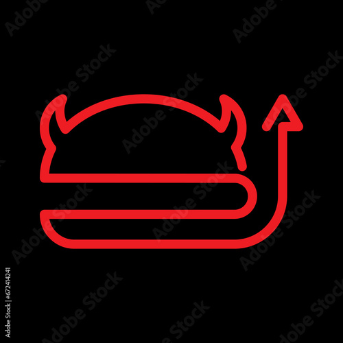 Burgatory minimalist simple and fully functional logo made with a single red line with horns and  tail  in a black background ideal for physical restaurants, black kitchens and fast food with delivery