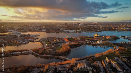 Aerial shot of Copenhagen at sunset, Denmark.