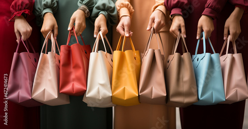 There are many colorful bags in the hands of women in colored dresses. shopping, sales and holidays concept