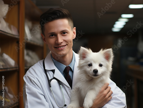 Portrait of a veterinarian holding a dog in his clinic