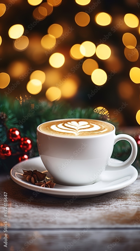 Obraz premium Coffee cup with Christmas festive background, holidays food art for Merry Christmas and Happy New Year.