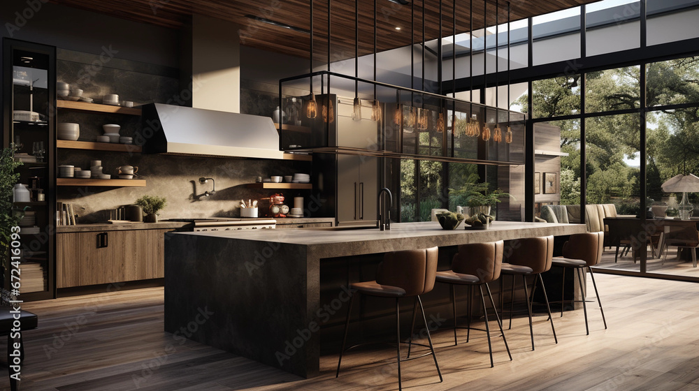 A modern kitchen with a large island pendant lighting A modern kitchen with a large island pendant lighting