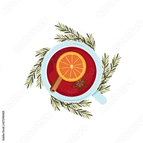 A cup of fragrant hot mulled wine with various spices. Top view.