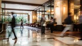 Modern Fancy Hotel Lobby, Contemporary Luxury Hotel Lounge with People Walking with Blurry, Motion Effect Showing Activity for Business Conference or Travel Vacation