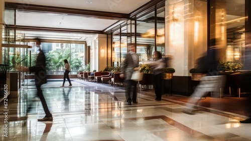 Modern Fancy Hotel Lobby, Contemporary Luxury Hotel Lounge with People Walking with Blurry, Motion Effect Showing Activity for Business Conference or Travel Vacation photo