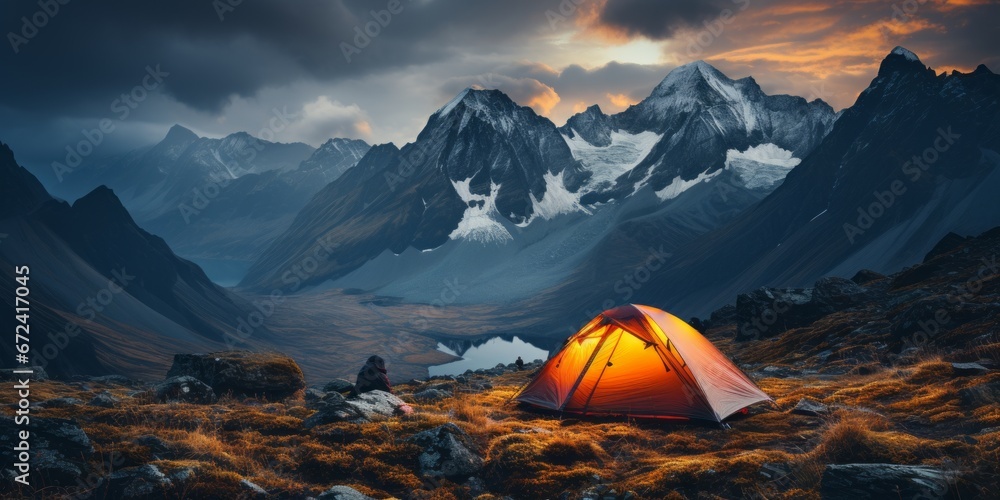 Tent in the mountain, AI generated 