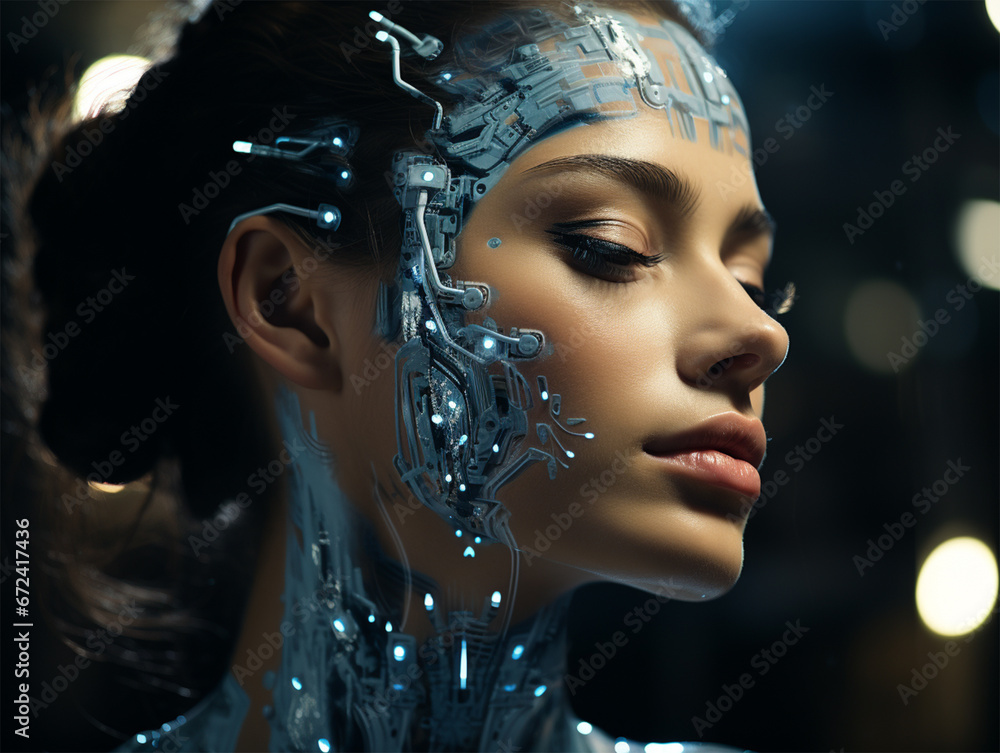 futuristic device on the face and around the head of a young woman. introduction of artificial intelligence in cosmetology and medicine. futuristic device on the face and around the head of a young woman. introduction of artificial intelligence in cosmetology and medicine.