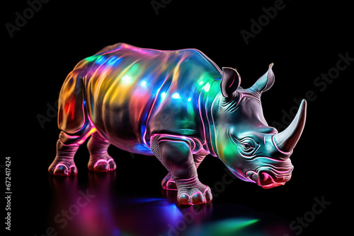 Glossy metallic, sculpture of a rhinoceros in the darkness. © Martin1080