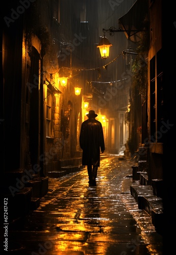 man walking down a dark narrow street  lantern narrow stone street at night  dark amber  atmospheric