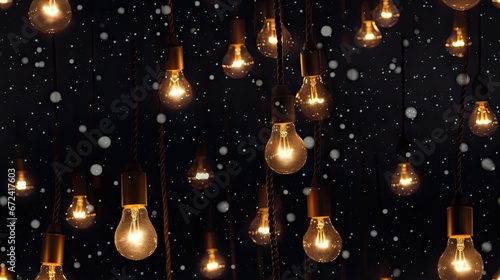  a bunch of light bulbs hanging from a ceiling with snow falling down on the ceiling and the lights turned on. generative ai