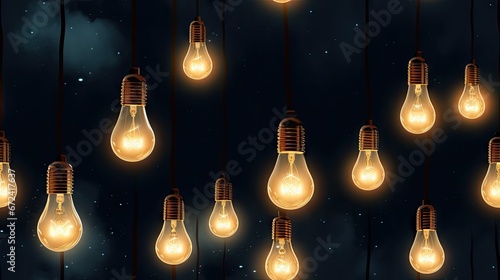  a bunch of light bulbs that are hanging in the air with a sky full of stars in the back ground. generative ai