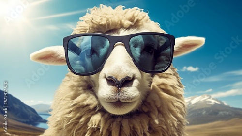 Funny sheep wearing sunglasses. 