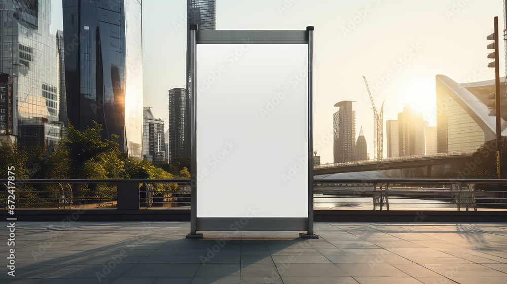 Blank white mockup of empty, vertical billboard. Shield for advertising on city streets, template. 