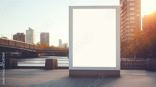 Blank white mockup of empty  vertical billboard. Shield for advertising on city streets  template. 