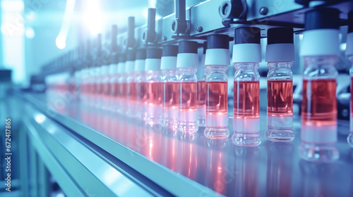 Medical vials on production line at pharmaceutical factory. pharmaceutical glass bottles production line