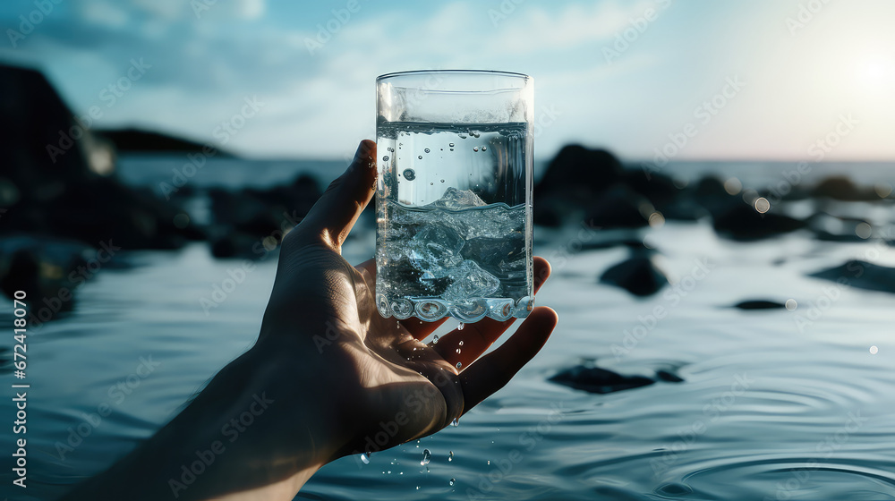 Clear glass with crystal clear drinking water. Creative concept of benefits of water enriched with minerals and vitamins.  - obrazy, fototapety, plakaty 