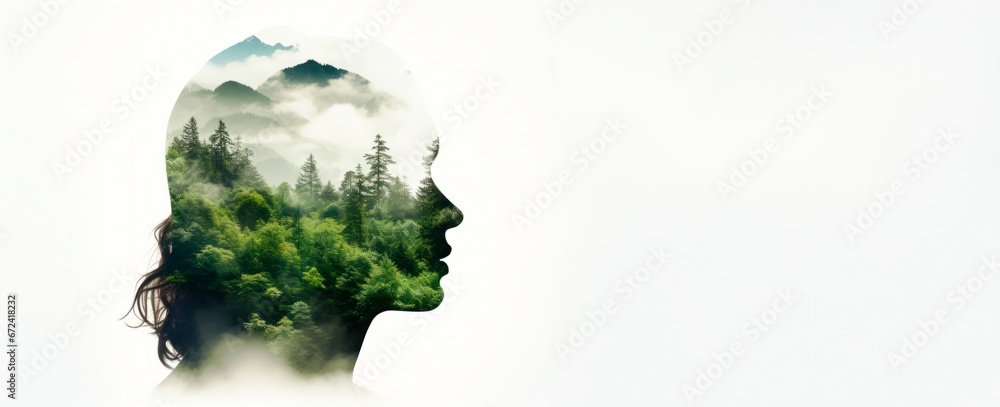 a woman's silhouette features a background of trees and mountains, Double exposure portrait, People and nature concept.banner, wallpaper, copy space for text a woman's silhouette features a background of trees and mountains, Double exposure portrait, People and nature concept.banner, wallpaper, copy space for text