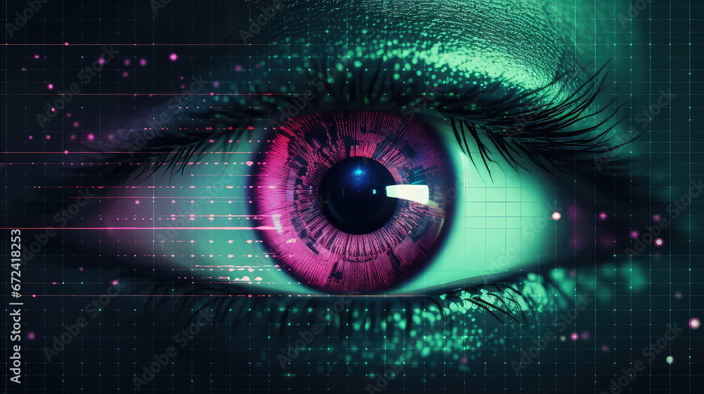Closeup of human eye, overlay data points, retinal authentication, cyber security, creative concept of data privacy. 3d illustration style wallpaper. Closeup of human eye, overlay data points, retinal authentication, cyber security, creative concept of data privacy. 3d illustration style wallpaper.