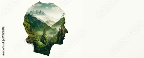 a woman's silhouette features a background of trees and mountains, Double exposure portrait, People and nature concept.banner, wallpaper, copy space for text