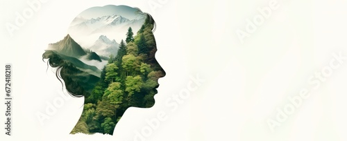 a woman's silhouette features a background of trees and mountains, Double exposure portrait, People and nature concept.banner, wallpaper, copy space for text