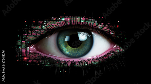 Closeup of human eye, overlay data points, retinal authentication, cyber security, creative concept of data privacy. 3d illustration style wallpaper. 