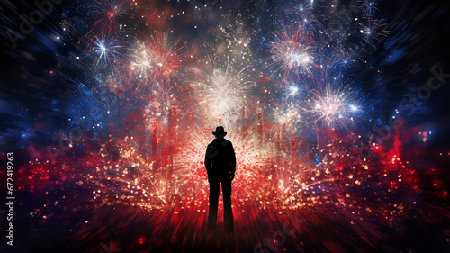  Silhouette of a man on the background of fireworks,Generated by AI